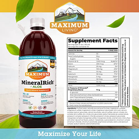 Maximum Living - MineralRich – Suplemento Mineral com Aloe Vera – Mistura Líquida de Vitaminas e Minerais Traços – 946 ml