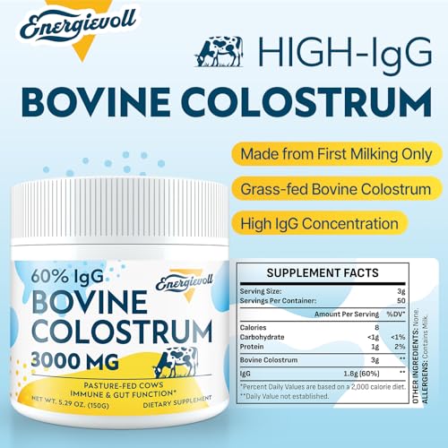 Energievoll - Suplemento em Pó de Colostro Bovino – 60%% IgG 3000 mg para Intestino, Crescimento Capilar, Beleza e Imunidade, Fácil de Misturar, Sem Sabor (50 Porções)