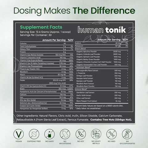 SUPERGREEN TONIK - Pó Superfood 100% Natural Greens – Suplemento Diário com 38 Superfoods, Vitaminas e Minerais – Energia, Estresse e Imunidade – 30 Dias de Fornecimento – 360g (1 Tubo)