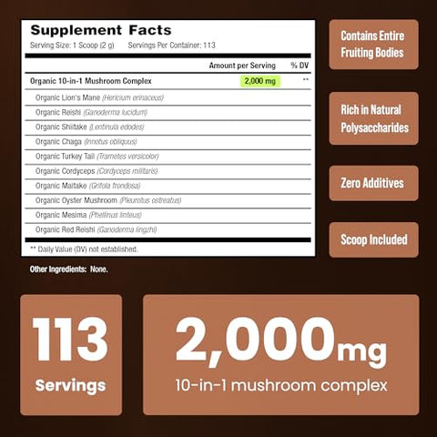 NutraChamps - Pó de Cogumelo Orgânico – Complexo 10 em 1 – Leão da Montanha, Reishi, Shiitake, Chaga, Cauda de Peru, Cordyceps, Maitake