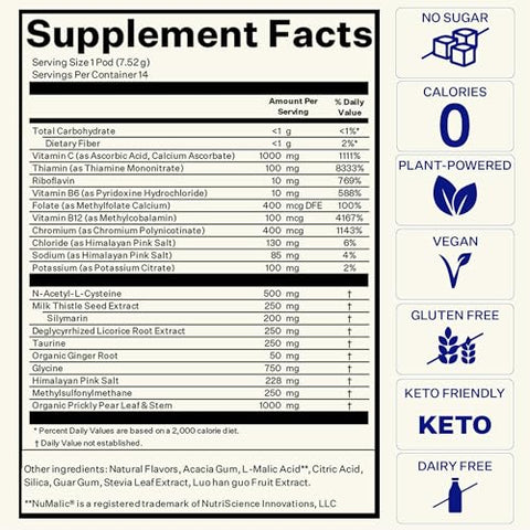 Pre-Game – Suplemento Pré-Jogo para Beber, Pacotes de Pó de Eletrólitos, Pacotes de Hidratação, Suporte Hepático Pré-Álcool com Gengibre, Cisteína, Cardo de Leite, Pó Sem Açúcar - Blueshift