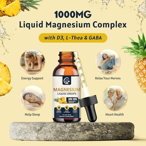GORNVB - (2 Pacotes) Gotas Líquidas de Magnésio Glicinato | Complexo Líquido de Magnésio 1000mg com D3, L-Thea | Marca em Destaque