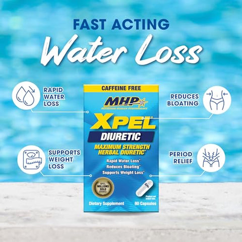 Maximum Human Performance - MHP Xpel: Diurético Máximo para Alívio da Retenção de Água, Suporte para Perda de Peso, Livre de Cafeína com Vitamina B-6, Potássio, Raiz de Dente-de-leão, 80 Cápsulas