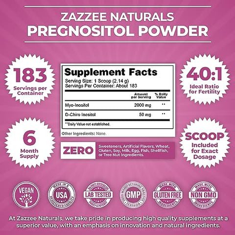 PREGNOSITOL em Pó, Suprimento de 6 Meses, Blend de Fertilidade Myo-Inositol e D-Chiro-Inositol 40:1, Dosagem Exata com Colher Grátis, Fórmula Premium Balanceada, 183 Porções, Vegano - Zazzee