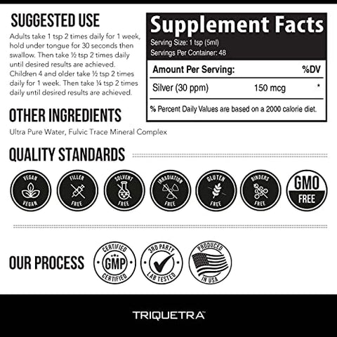 Triquetra Health - Bioativo Coloidal de Prata – Frasco de Vidro 8 oz (236 ml), Vegano, Doses Seguras com Maior Eficácia – Nano Íons, 30 PPM – Suporte Imunológico (48 Porções)