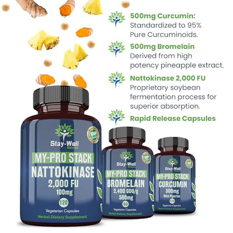 Stay-Well Naturals - Suplemento de Suporte, Nattokinase 2000 FU 100mg, Bromelina 500mg, Curcumina 500mg, Fornecimento de 60 Dias, Protocolo Completo de Nattokinase Bromelina Curcumina (Conjunto de 3 Frascos)