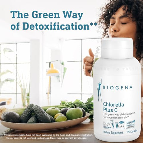 BIOGENA WISSEN SCHAFFT GESUNDHEIT - Chlorella Plus C – Alga Verde Apoio à Desintoxicação – Cápsulas com 900 mg de Pó de Chlorella Vulgaris Orgânica – Suplemento Não-OGM