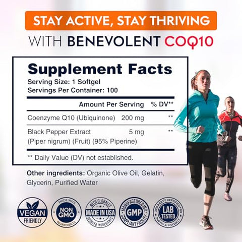 Benevolent Nourishment - Premium CoQ10 200mg Softgels – Fórmula Antioxidante para Saúde Cardíaca e Produção de Energia – Absorção Aprimorada – Marca em Destaque