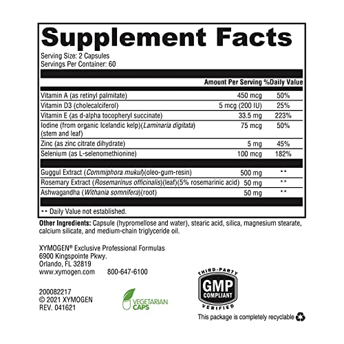 MedCaps T3 – Fórmula de Suporte à Tireoide com Vitaminas e Ervas – Selênio, Zinco, Vitamina E C, Ashwagandha, Extrato de Guggul e Suplemento de Iodo (120 Cápsulas) - XYMOGEN