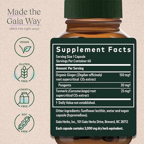Ginger Supreme – Suporte à Digestão Saudável e Alívio de Náuseas Ocasionais – com Raiz de Gengibre Orgânico e Raiz de Cúrcuma – 60 Cápsulas Líquidas Veganas Fitofarmacêuticas (Fornecimento de 60 Dias) - Gaia Herbs