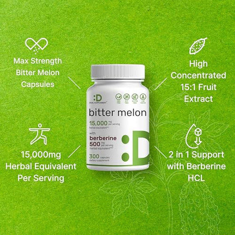 Bitter Melon 15.000mg Por Porção | 300 Cápsulas, com Berberina HCL | Extrato de Fruta de Bitter Melon Selvagem 15:1 | Testado por Terceiros | Baseado em Plantas, Não-OGM | Frete Grátis - DEAL SUPPLEMENT