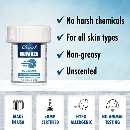 Creme Anestésico Lidocaína 5%%, Alívio da Dor, Queimaduras e Coceiras, Numb25 Creme Anestésico Tópico de Lidocaína com Vitamina E para Uso Local e Anal - Ebanel