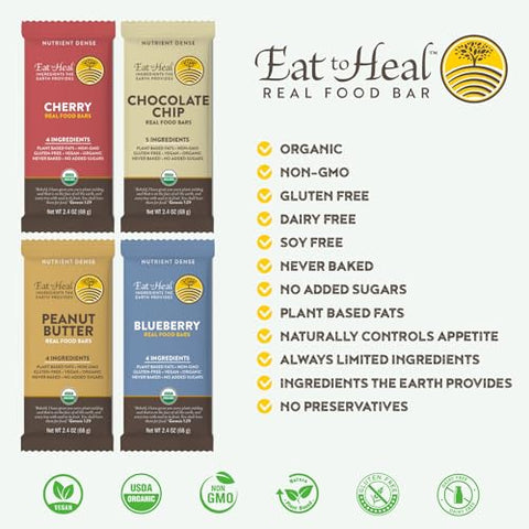 Barra de Chocolate Chip EatToHeal – Orgânica Vegana Saudável Sem Glúten – Barras de Proteína com Baixo Teor de Açúcar para Substituição de Refeição – Não Transgênico, Não Assado, à Base de Plantas – Criado para Desfrutar