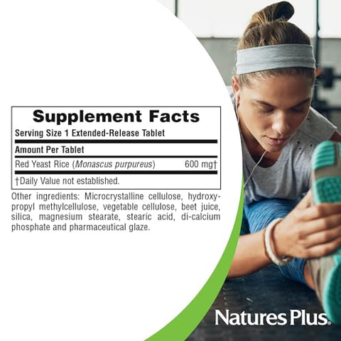 Natures Plus - NaturesPlus Herbal Actives Red Yeast Rice – Liberação Prolongada 600mg, 60 Comprimidos Veganos – Suporte ao Colesterol – Vegetariano, Sem Glúten – 60 Porções