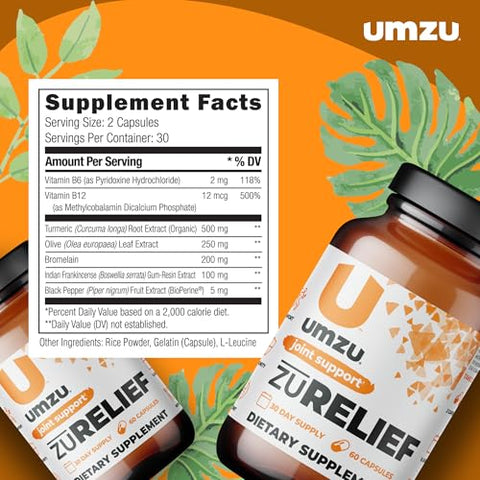 zuRELIEF – Suplemento de Curcumina de Açafrão-da-terra | Conforto Articular com 7 Ingredientes Naturais – Bromelina, Boswellia | 60 cápsulas - UMZU