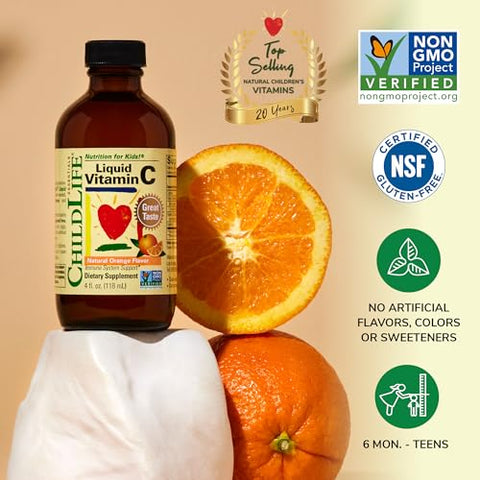 Vitamina C Líquida Lipossomal, Pura e para Crianças – Suporte ao Sistema Imunológico – Sabor Natural de Laranja – 120ml - CHILDLIFE ESSENTIALS