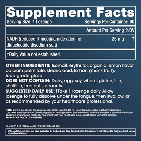 NADH Pro – Impulsionador de NAD (25 mg, 60 pastilhas de ação rápida) Aumenta a energia, memória e foco | Suporte ao humor | Antioxidante | Produção de ATP - ProHealth
