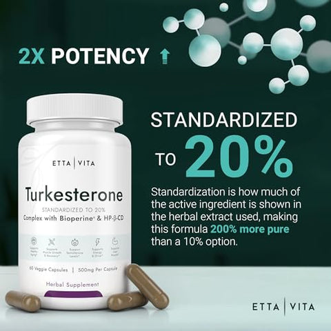 Etta Vita - Potente Suplemento de Turkesterona, 2X Puro (Fabricado nos EUA – Testado por Terceiros) Suporte Natural e Altamente Bioacessível para Testosterona, Energia, Crescimento Muscular Magro, Recuperação e