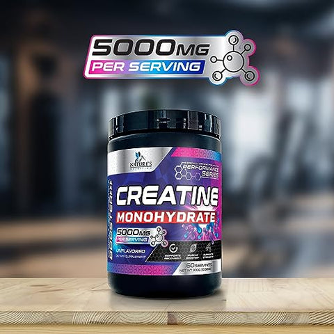 Nature's Nutrition - Pó de Creatina Monohidratada Micronizada – Pó de Creatina sem Sabor 5000mg por Porção (5g) Suplemento de Aminoácidos para Apoio à Construção Muscular