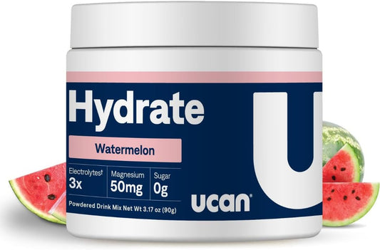 Hydrate Mistura para Bebida Eletrolítica, Melancia, Pó Hidratante Sem Açúcar, Keto, Não-OGM, Vegano, 100% Natural, Sem Glúten, 30 Porções (90g) - UCAN