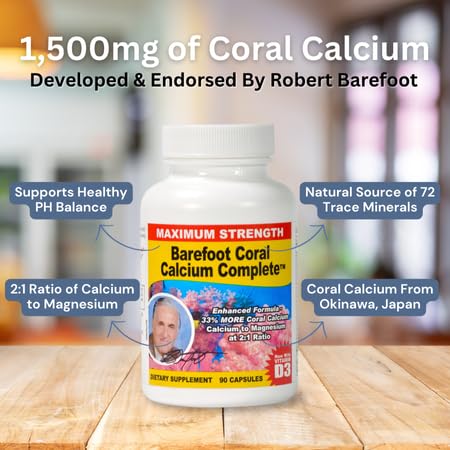 Barefoot Coral Calcium Complete - Suplemento de Cálcio de Coral 1500mg, 90 Cápsulas – Desenvolvido por Bob Barefoot – Apoia a Saúde Geral