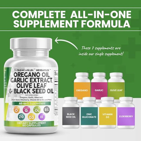 Clean Nutraceuticals - Óleo de Orégano 6000mg Extrato de Alho 4000mg Folha de Oliveira 3000mg Óleo de Semente Negra 3000mg – Suporte Imunológico
