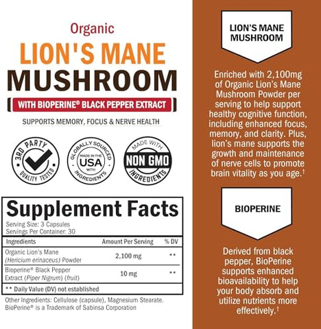 BioSchwartz - Suplemento de Cogumelo do Leão Orgânico em Cápsulas (90 Unidades) 2100mg de Cogumelos do Leão com BioPerine para Máxima Absorção, Composto Ativo Verificado, Suplementos Naturais para o Cérebro Nootrópicos