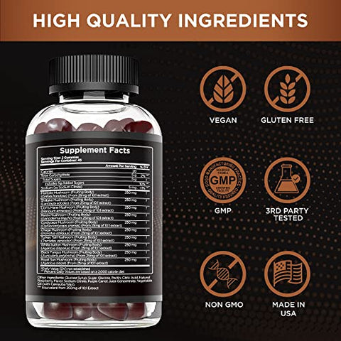 EFFECTIVE NUTRA - Mushroom Gummies 10 Blend – Complexo de Cogumelos 2500mg – Suplemento de Cogumelos para Homens