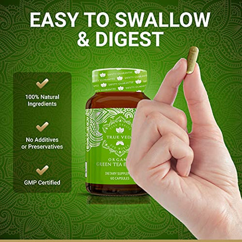 True Veda - Extrato de Chá Verde Orgânico em Cápsulas – Certificado Orgânico USDA | 60 Cápsulas de Chá Verde | Comprimidos de Chá Verde | Extrato de Chá Verde EGCG | Suplementos de EGCG com 50% de Polifenóis