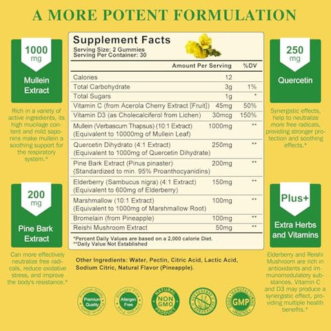 Lukaree - (2 Pacotes) Gomas de Mullein 9 em 1 para Limpeza Pulmonar, Extra Forte 10000 MG (10:1 Extrato) Extrato de Folha de Mullein com Quercetina, Bromelina, Sabugueiro