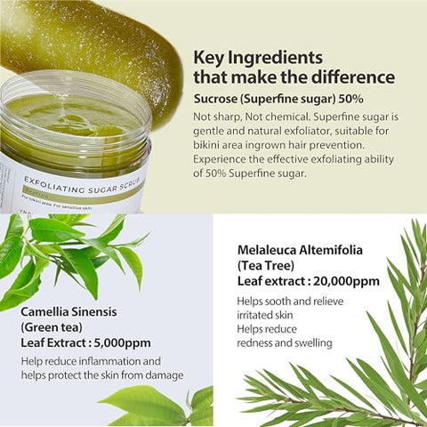 YNOTCARE - Esfoliante de Açúcar para Área Íntima do Biquíni, Pele Sensível, Previne Pelos Encravados e Irritações Após Depilação com Cera e Barbear do Biquíni, Tea Tree/250g