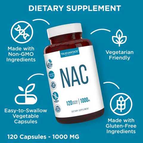Truevantage Nutrition - Suplemento NAC (N-Acetil Cisteína) – 1000 mg – Suporte Antioxidante – Promove Saúde do Fígado e Desintoxicação – Fortalece Saúde Pulmonar e Imunológica – Cápsulas Vegetais – 120 Unidades – 60 g