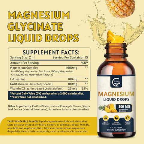 GORNVB - (2 Pacotes) Gotas Líquidas de Magnésio Glicinato | Complexo Líquido de Magnésio 1000mg com D3, L-Thea | Marca em Destaque