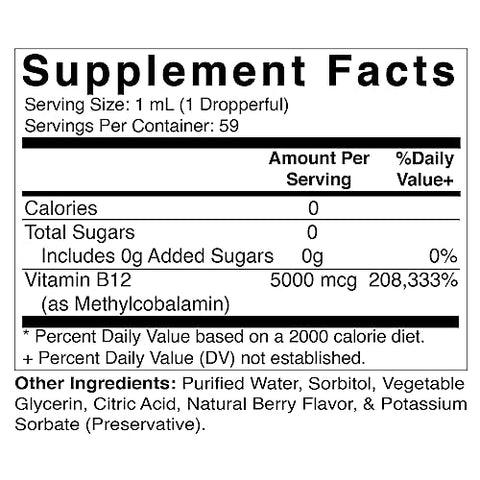 2 Packs Vitamina B12 Líquida de Ação Rápida 5000 mcg (Methylcobalamin) – Sabor Natural de Frutas Vermelhas – Suplemento Sublingual – Absorção Mais Rápida – 60 ml - Vitamatic