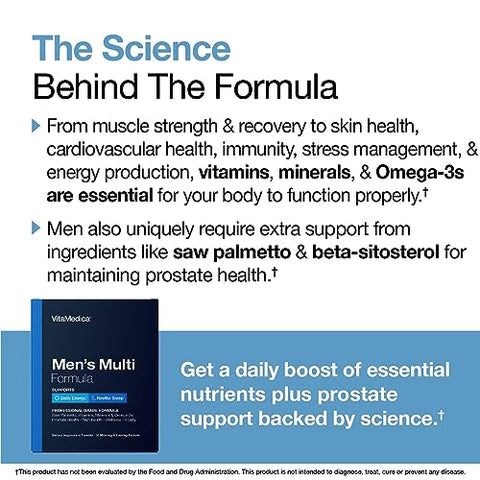 Multivitamínico Masculino com Suporte para a Saúde da Próstata | Vitaminas, Minerais, Ômega 3 e Saw Palmetto | Caixa com 30 Pacotes Diários | Energia Natural e Sono Repousante - VitaMedica