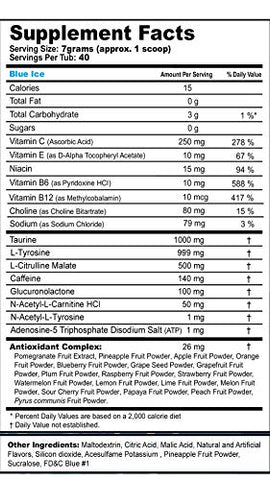 Blue Ice em Pó Energético, Sem Açúcar, Suplemento de Foco com Cafeína Limpa, Sabor Framboesa Azul, Aminoácidos de Foco, Vitaminas e Antioxidantes – 280g (40 Porções) - G Fuel
