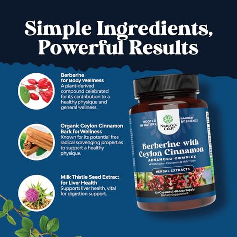 Natures Craft - Berberine Plus 1200mg Complexo – Antioxidante Berberine com Cápsulas de Canela do Ceilão Plus Extrato de Cardo de Leite – Active PK para Saúde do Coração e