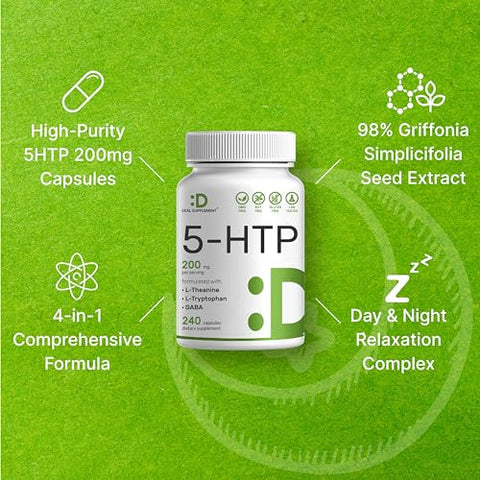 DEAL SUPPLEMENT - Griffonia Seed Extract 98% Africano | 5-HTP 200mg | 240 Cápsulas | Fórmula 4 em 1 | Com L Theanine e L Tryptophan