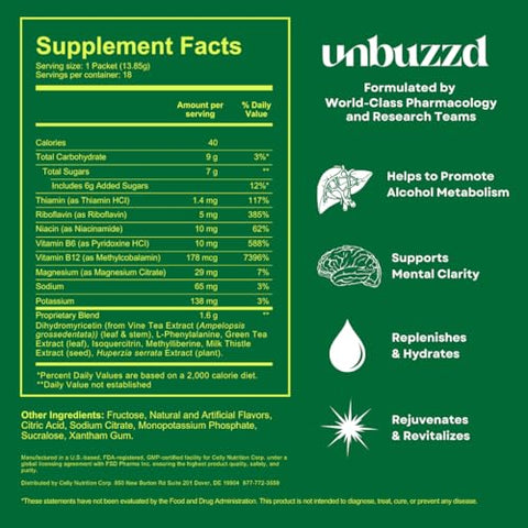 unbuzzd - Clear-Eyed Citrus | 18 Sticks em Pó | Suporte Pós-Consumo Saboroso | DHM (Dihidromiricetina), Eletrólitos, Vitaminas, Cardo Mariano | Metabolismo, Alerta, Hidratação Rápida