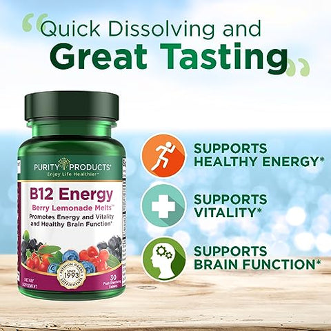 Melt de Limonada de Frutas Vermelhas com B-12 Energy – Vitamina B12 Methylcobalamin, B6, D3, Ácido Fólico e Biotina – Alta Absorção – 30 Tabletes Derretíveis - Purity Products