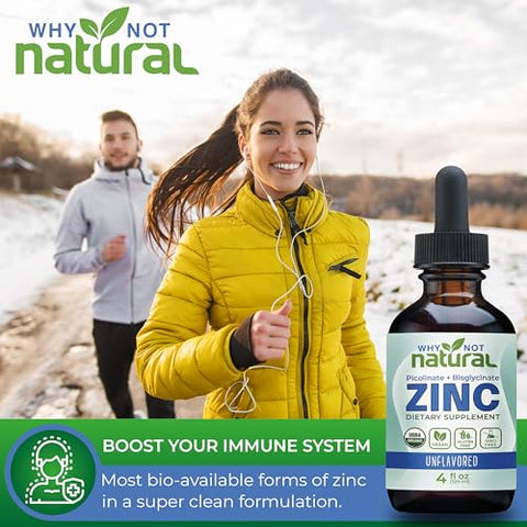 Why Not Natural - Suplemento Líquido de Zinco Orgânico em Gotas com Picolinato e Bisglicinato de Zinco 118 ml, Certificado Orgânico pelo USDA, Sem Glúten, Vegano e Livre de Transgênicos (Sem Sabor)