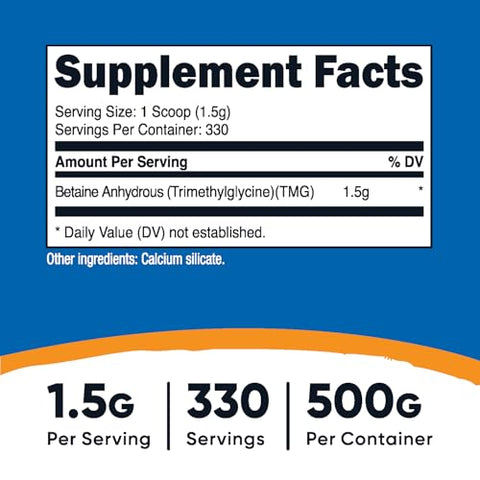 Betaine Anhydrous Trimethylglycine (TMG) em Pó 500g – Potencialize seus resultados! - Nutricost