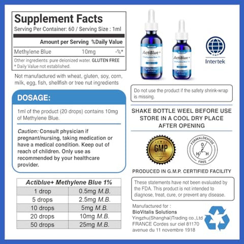 Biovitalis Solutions - Actiblue Methylene Blue 1%: Grau Farmacêutico Certificado ISO Testado por Laboratório Terceirizado 99,9% Sem Formaldeído Sem Álcool Sem Glúten – Compre Agora!