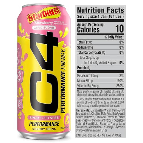 Cellucor - C4 Performance Energy Drink, STARBURST™ Morango, Bebida Pré-Treino Gaseificada Sem Açúcar e Corantes Artificiais (Pack com 12 unidades de 473 ml)