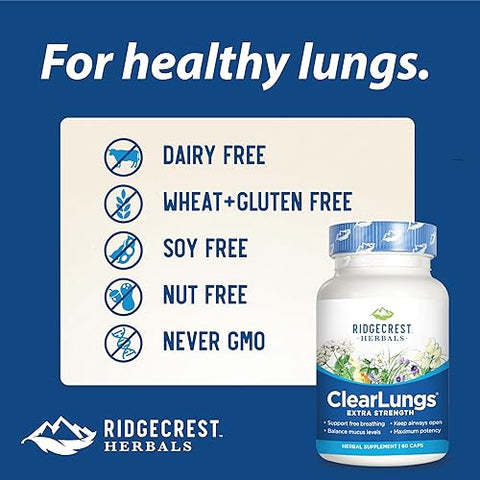 RidgeCrest Herbals - RidgeCrest Clearlungs Extra Strength Herbal Decongestant – 60 Cápsulas Vegetarianas – Potência Extra – Descongestionante Herbal – Marca RidgeCrest