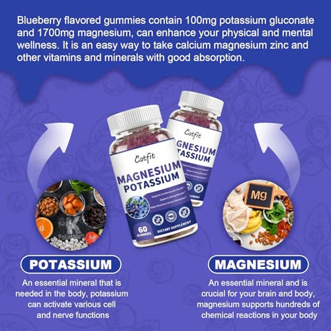 Catfit - Gomas de Suplemento de Potássio e Magnésio, Glicinato de Magnésio 500mg, Gluconato de Potássio 99mg, Complexo Triplo de Magnésio 1700mg, Cálcio, Zinco, Vitamina D3 para Cãibras nas Pernas, Sono, Imunidade