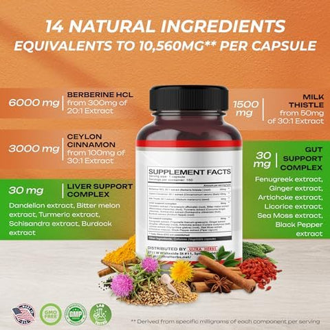 ULTRA HERBS - Premium Berberine 12,200MG com Canela, Cardo de Leite *Fabricado nos EUA | Berberina Premium 12,200MG com Canela e Cardo de Leite