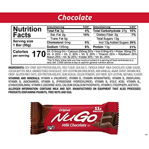 Barra de Proteína, Chocolate, 11g Proteína, Sem Glúten, 15 Unidades - NuGo