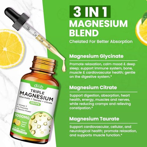 dilib - Suplemento Líquido de Magnésio Glicinato 1000mg, Magnésio de Citrato Calmante, Gotas de Taurato com Ômega 3, Zinco, Ashwagandha, L-Teanina, Camomila para Sono, Humor, Alívio do Estresse, Ossos