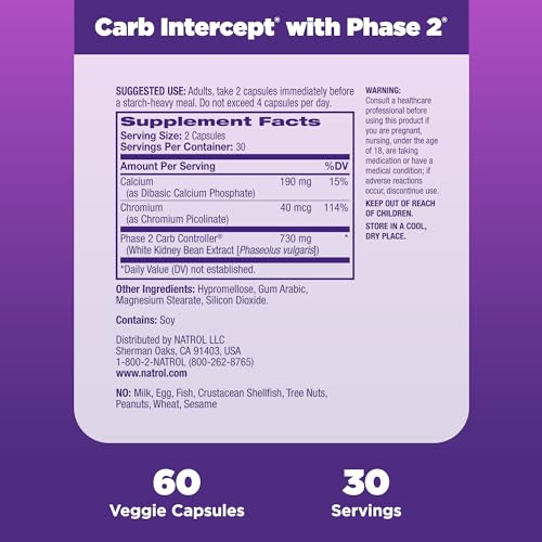 Carb Intercept com Fase 2, Extrato de Feijão Branco, 60 Cápsulas Vegetais, 30 Dias de Fornecimento - Natrol